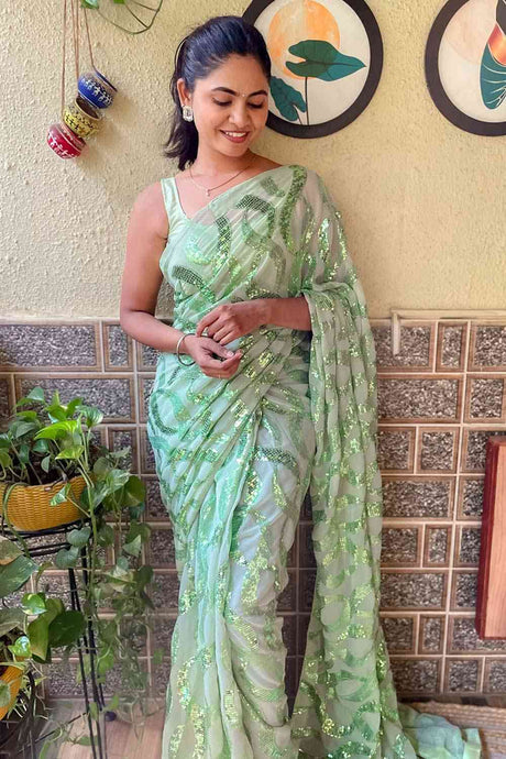 Buy Light Green Georgette Sequin Saree Online - Back