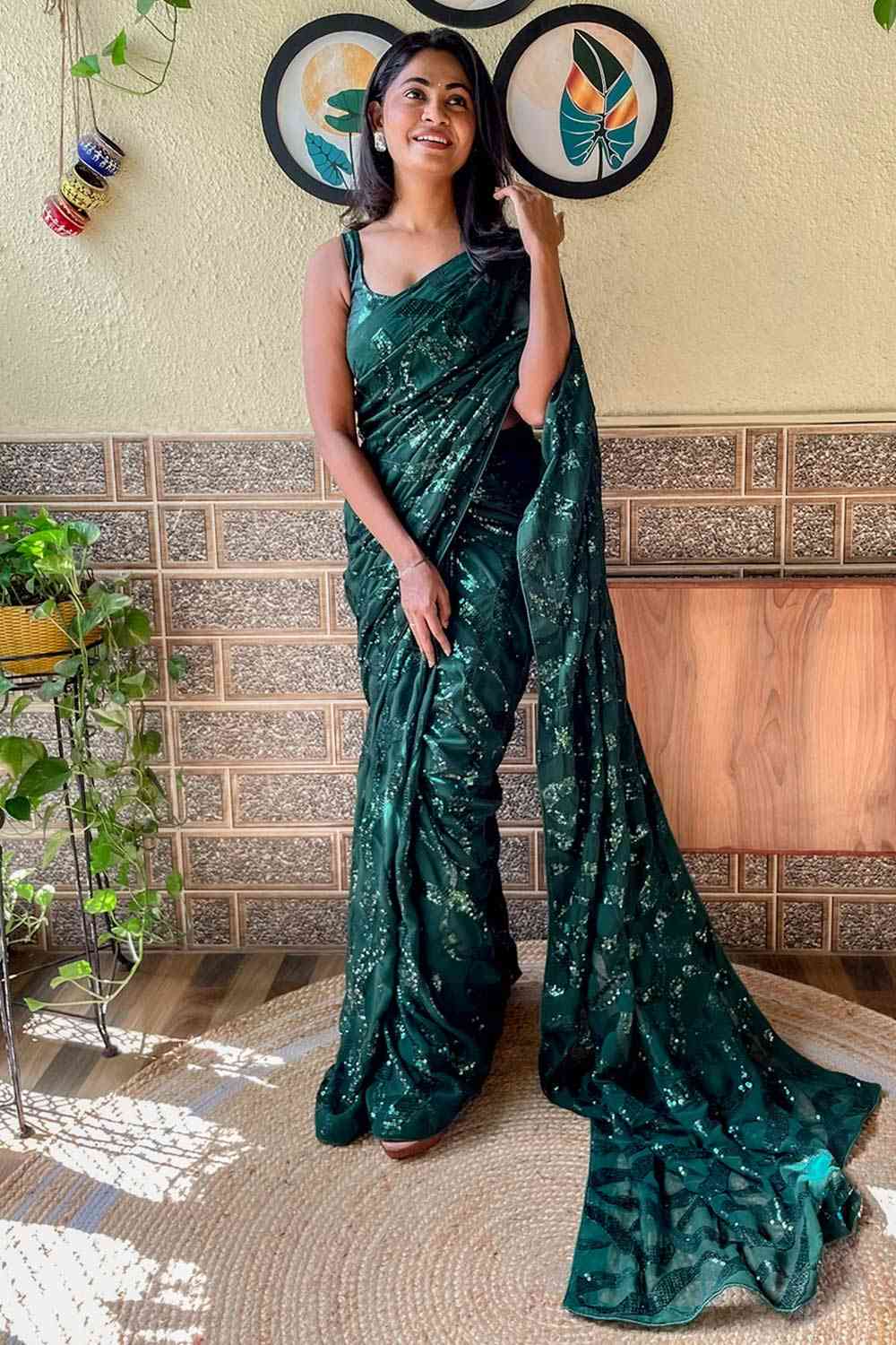 Buy Green Georgette Sequin Saree Online