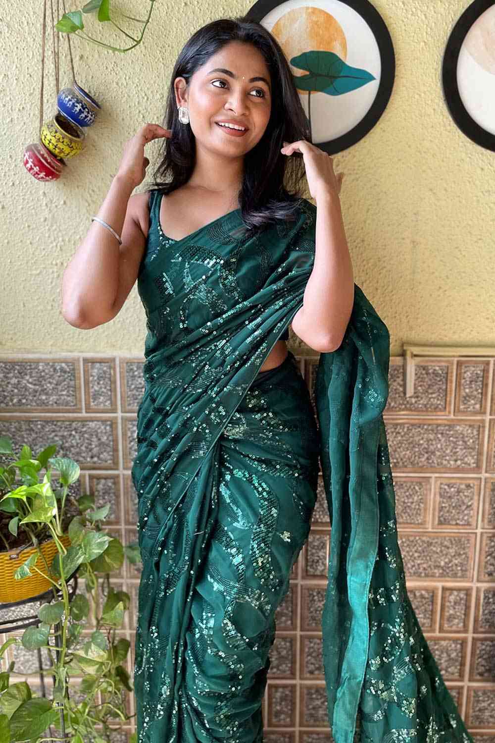 Buy Green Georgette Sequin Saree Online - Back