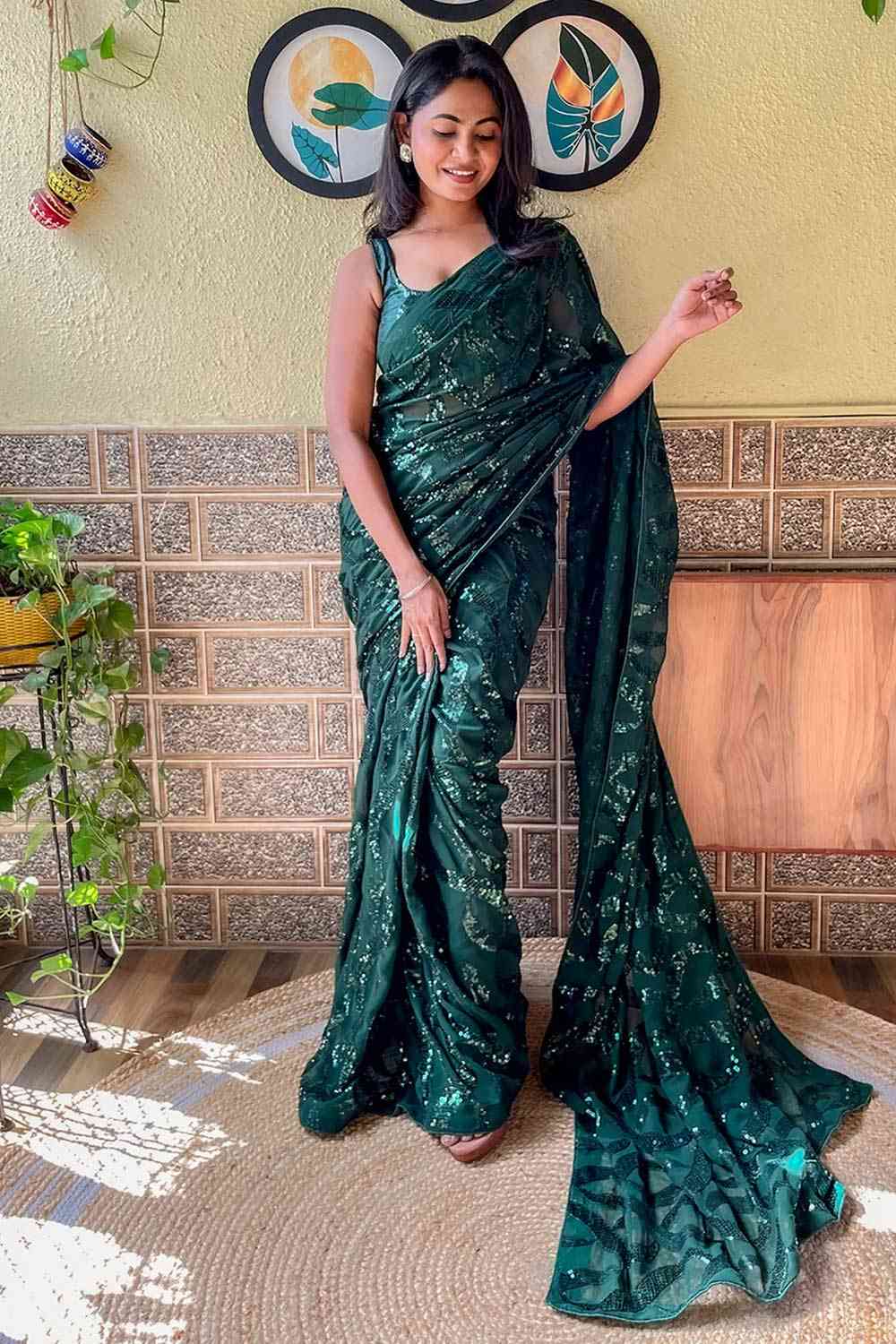 Buy Green Georgette Sequin Saree Online - Side