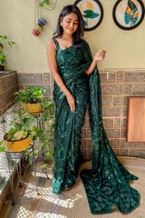 Buy Green Georgette Sequin Saree Online - Zoom In