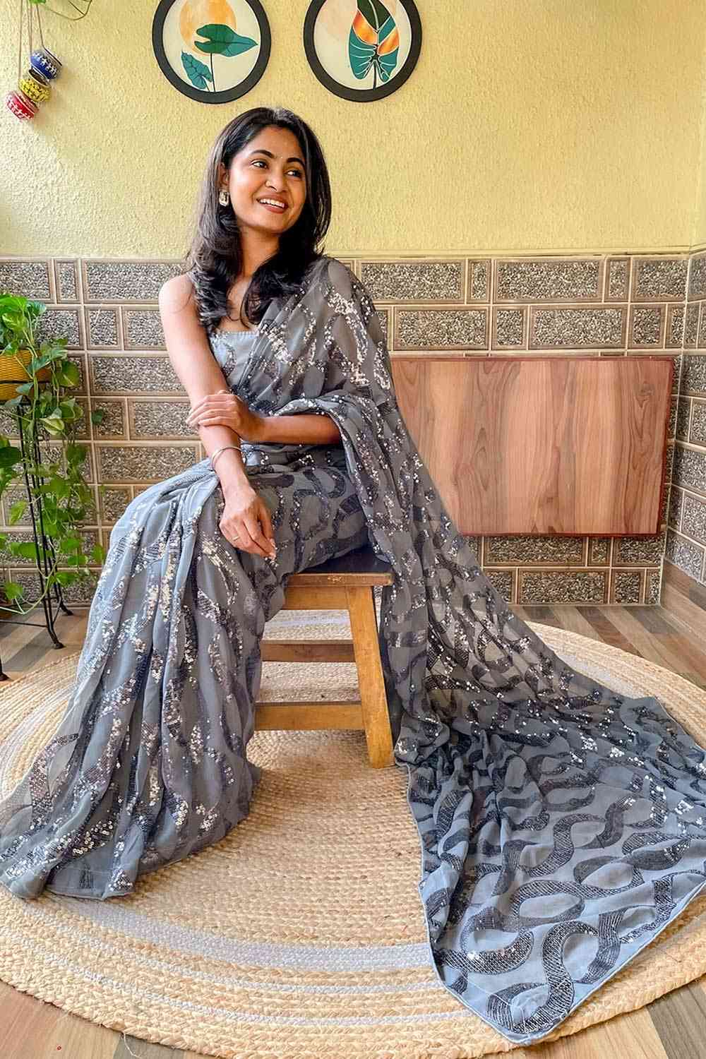 Buy Grey Georgette Sequin Saree Online - Front