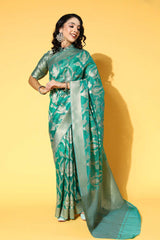 Buy Teal green Organza Ethnic Motif Design Saree Online