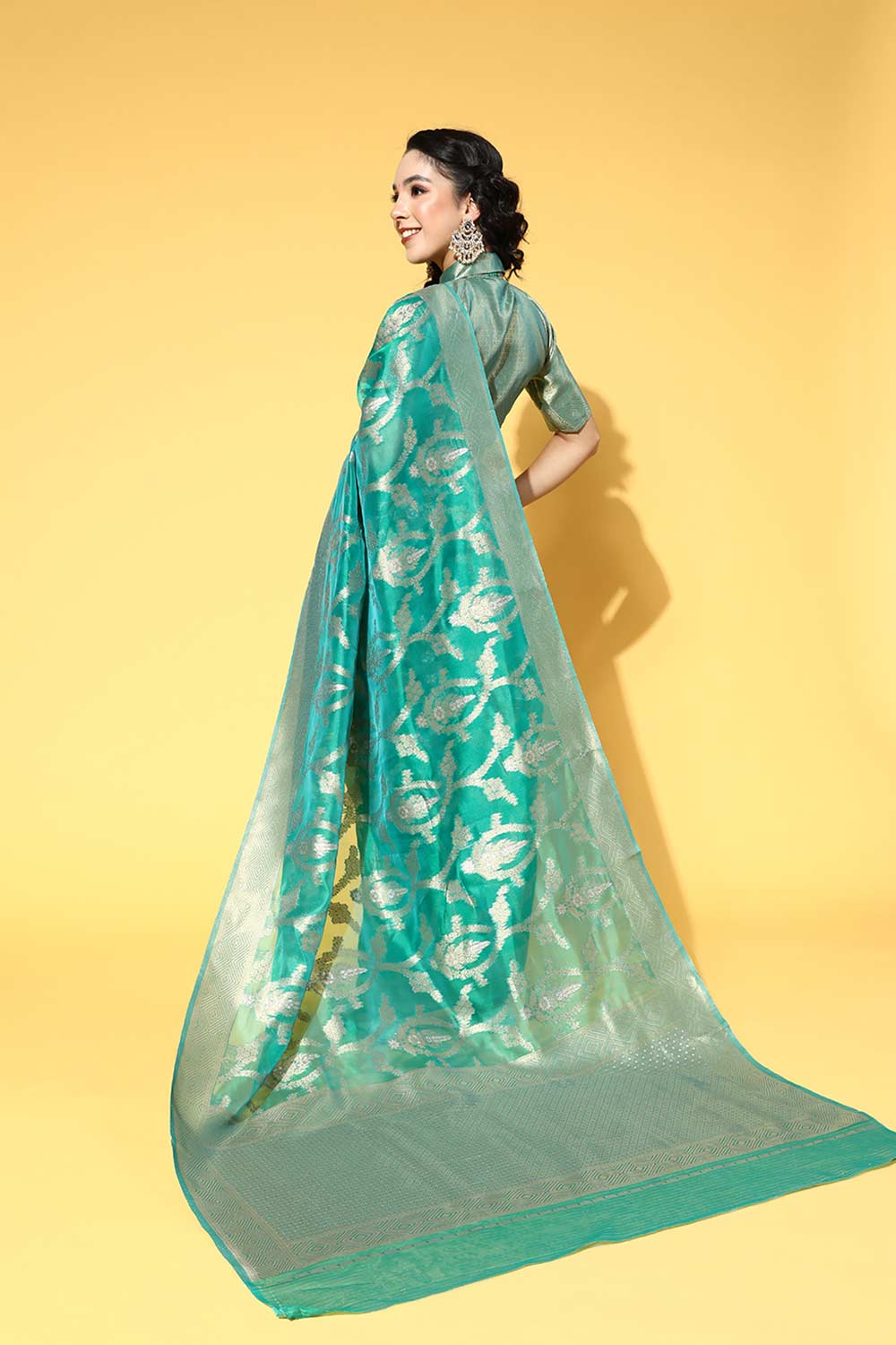 Buy Teal green Organza Ethnic Motif Design Saree Online - Back