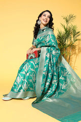 Buy Teal green Organza Ethnic Motif Design Saree Online - Front