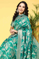 Buy Teal green Organza Ethnic Motif Design Saree Online - Side