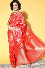 Red Organza Ethnic Motif Woven Design Saree