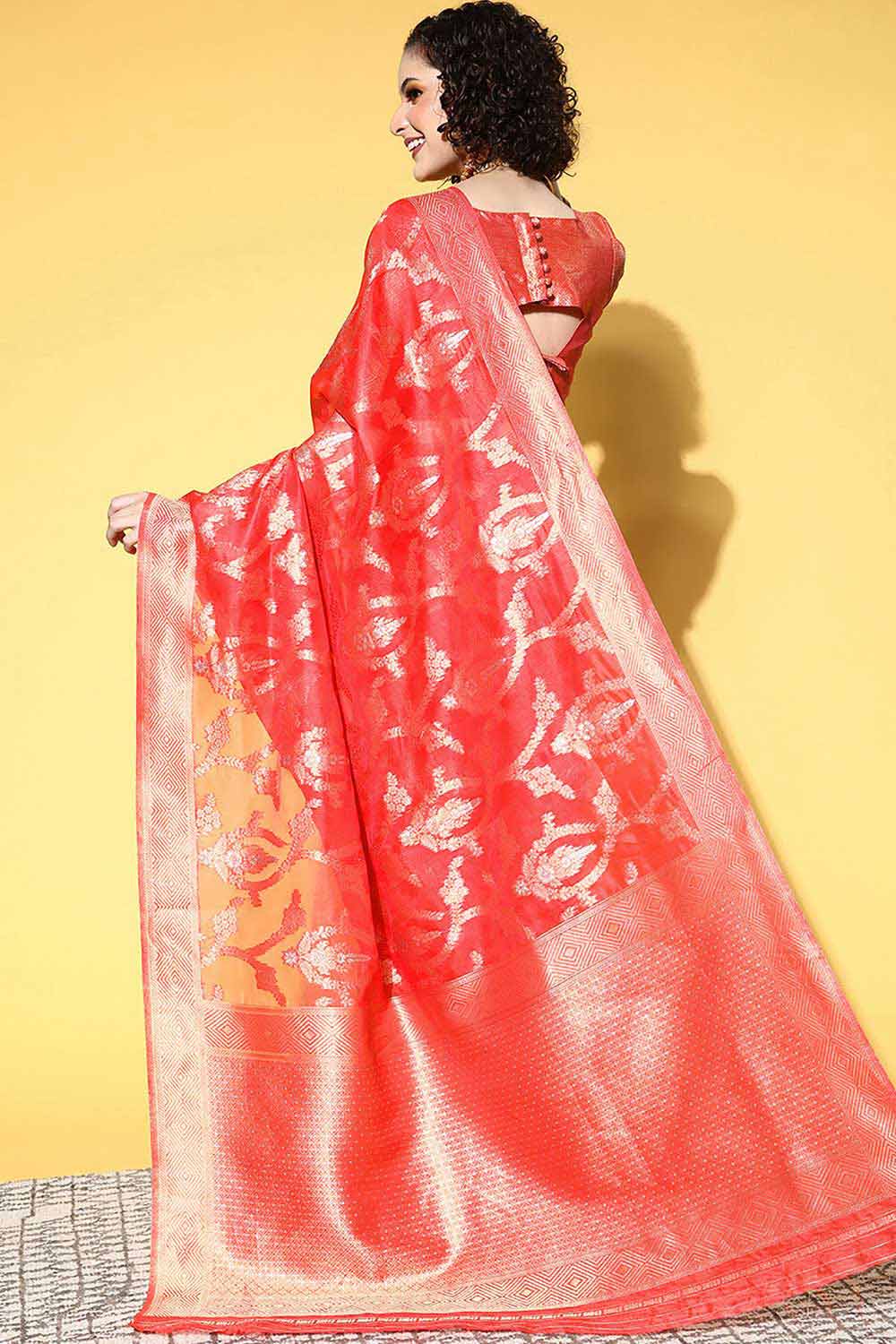 Red Organza Ethnic Motif Woven Design Saree