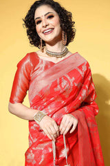 Red Organza Ethnic Motif Woven Design Saree