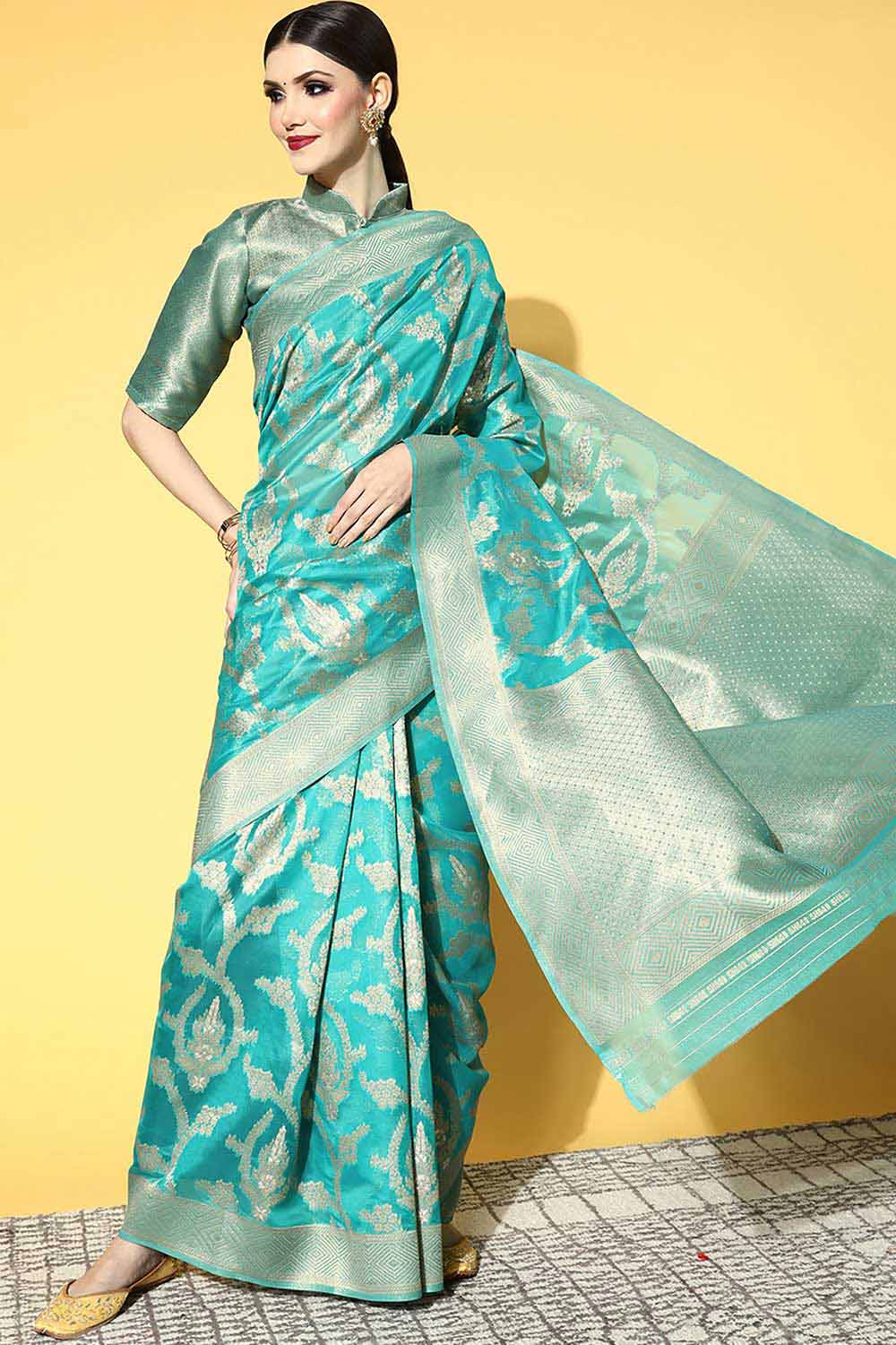 Turquoise Organza Ethnic Motif Woven Design Saree