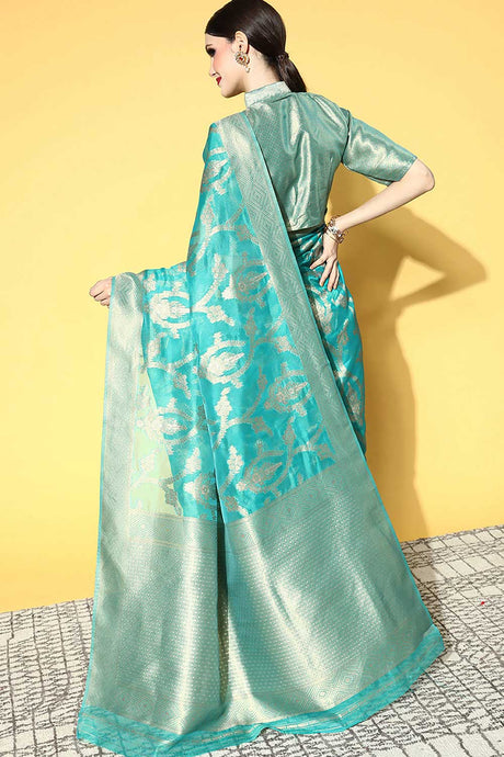 Turquoise Organza Ethnic Motif Woven Design Sarees