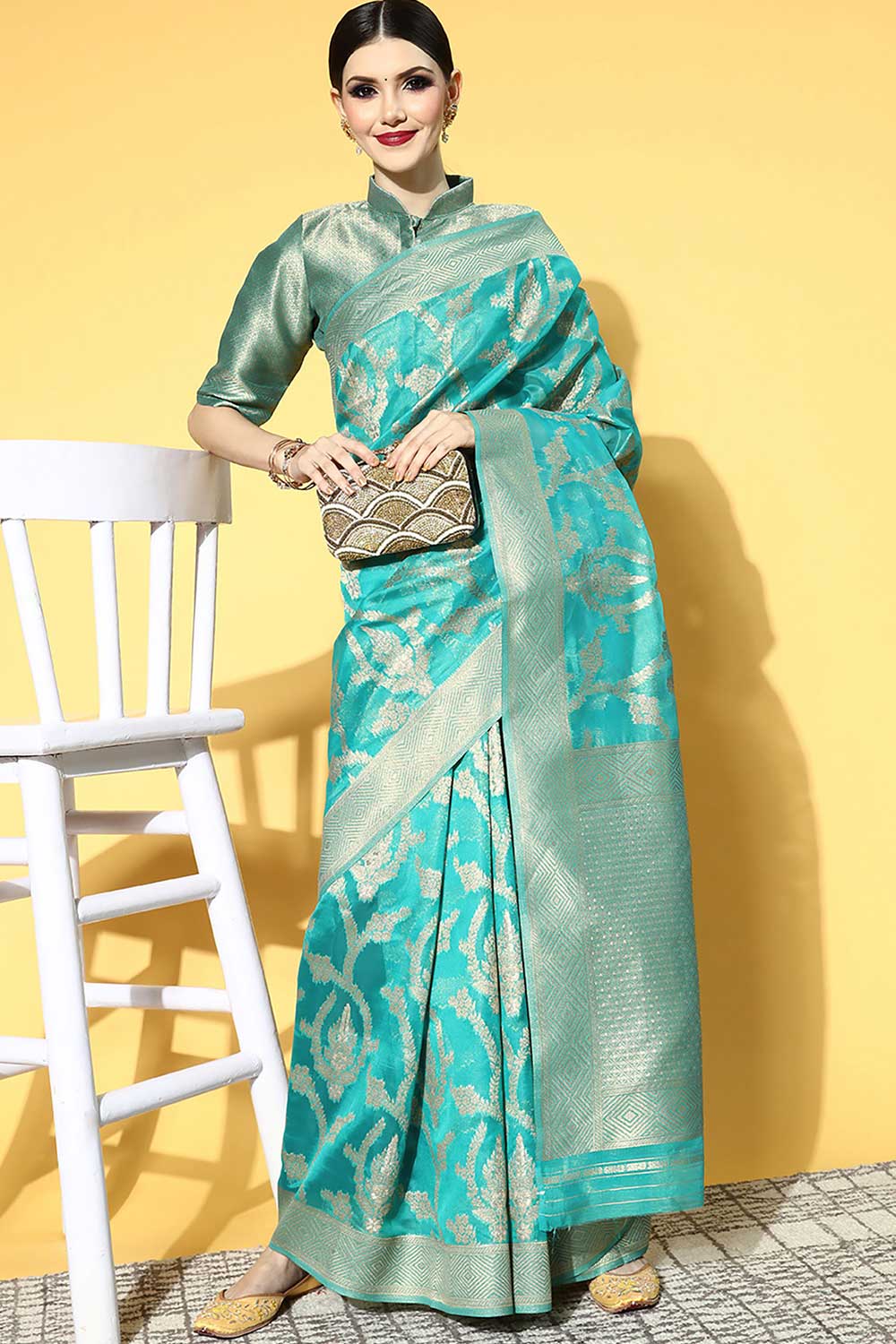 Turquoise Organza Ethnic Motif Woven Design Saree