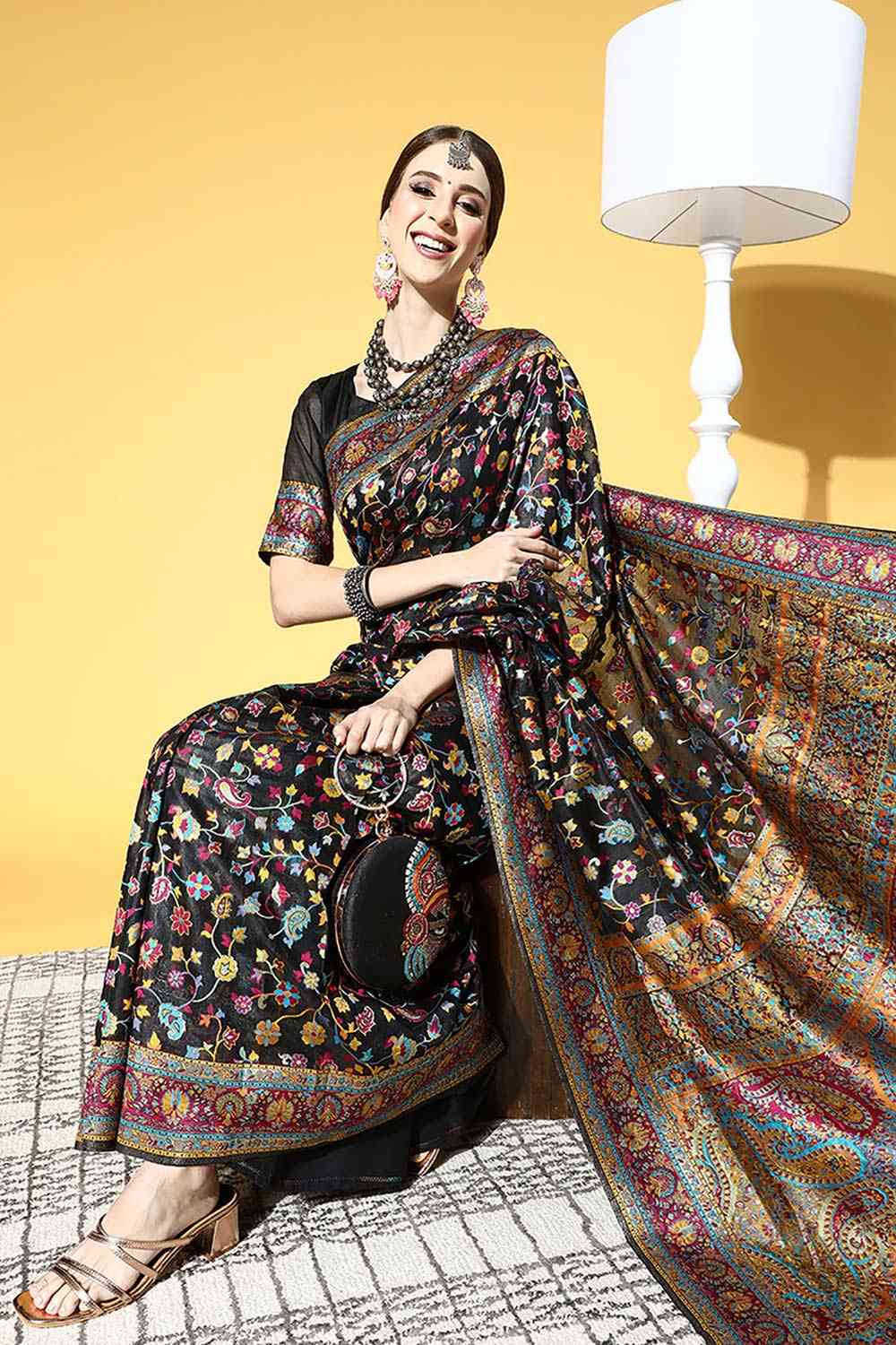 Buy Black Art Silk Floral Design Saree Online - Front