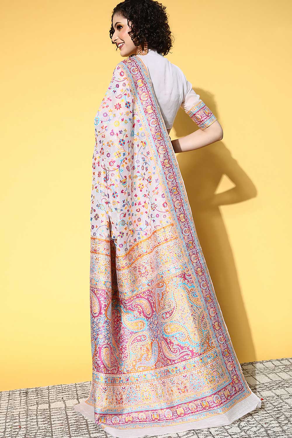 Cream Silk Blend Floral Woven Design Saree