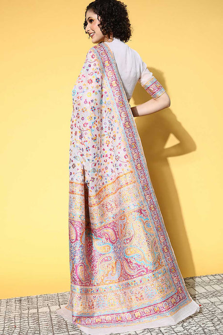 Cream Silk Blend Floral Woven Design Sarees