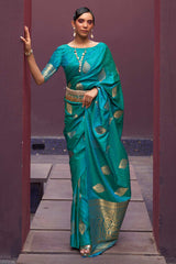 Teal Blue Pure Silk Bagh Woven Design Banarasi Saree