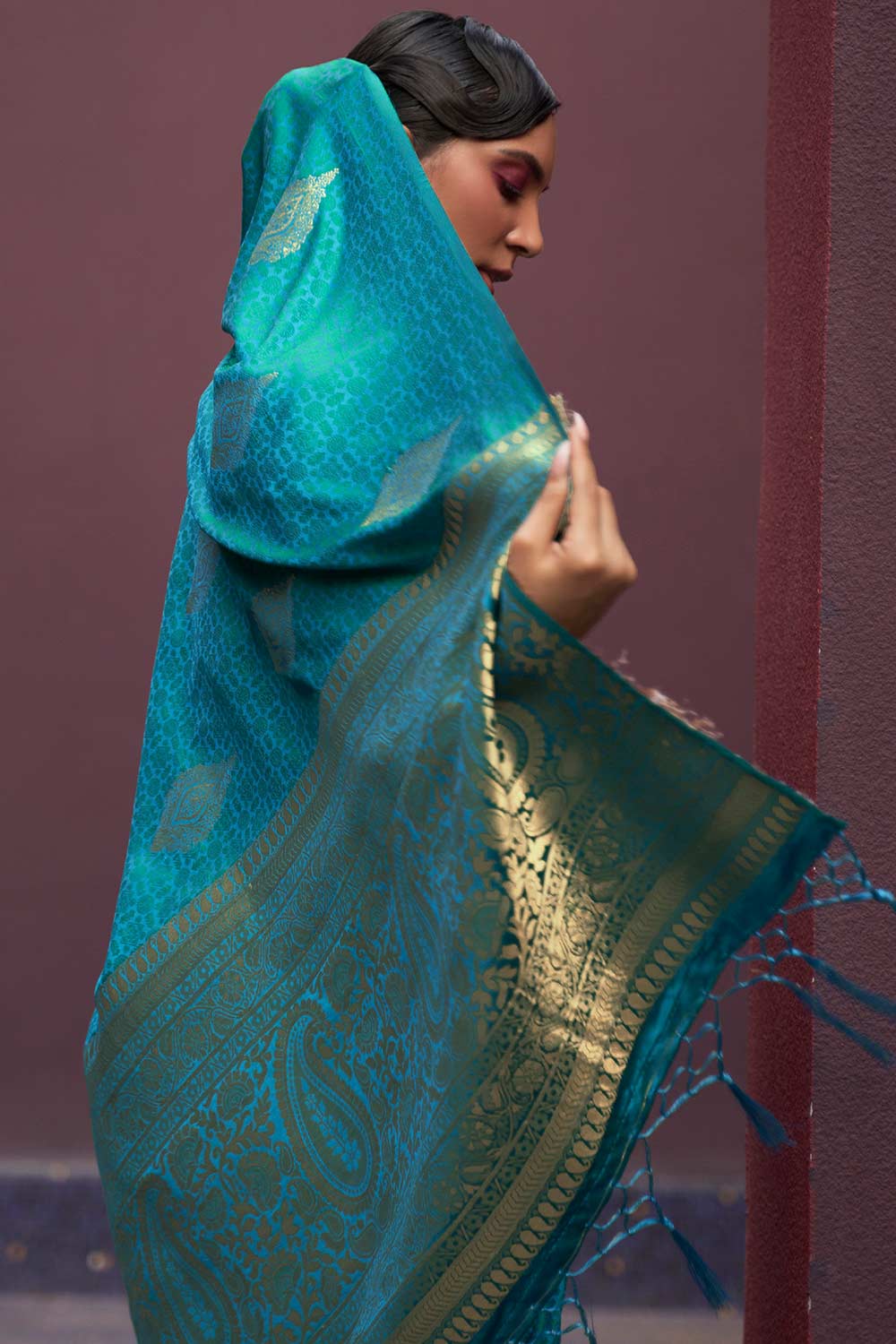 Teal Blue Pure Silk Bagh Woven Design Banarasi Saree