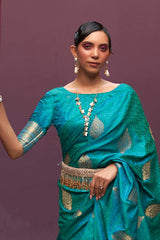 Teal Blue Pure Silk Bagh Woven Design Banarasi Saree