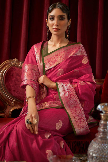Pink Silk Blend Bagh Woven Design Banarasi Saree