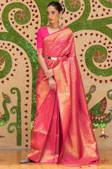 Pink Silk Blend Floral Woven Design Banarasi Saree