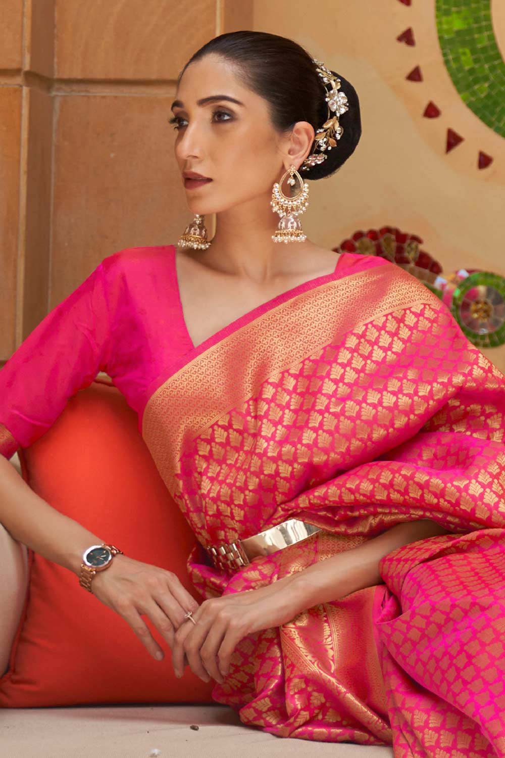 Pink Silk Blend Floral Woven Design Banarasi Saree