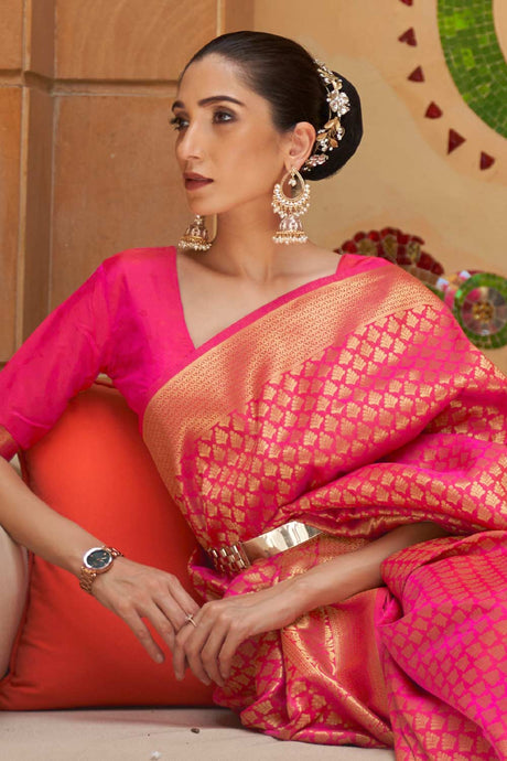 Pink Silk Blend Floral Woven Design Banarasi Saree