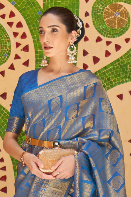 Navy Blue Silk Blend Floral Woven Design Banarasi Saree