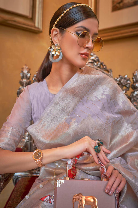 Lavender Silk Blend Ethnic Motif Embroidered Banarasi Saree