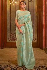 Sea Green Silk Blend Ethnic Motif Embroidered Banarasi Saree