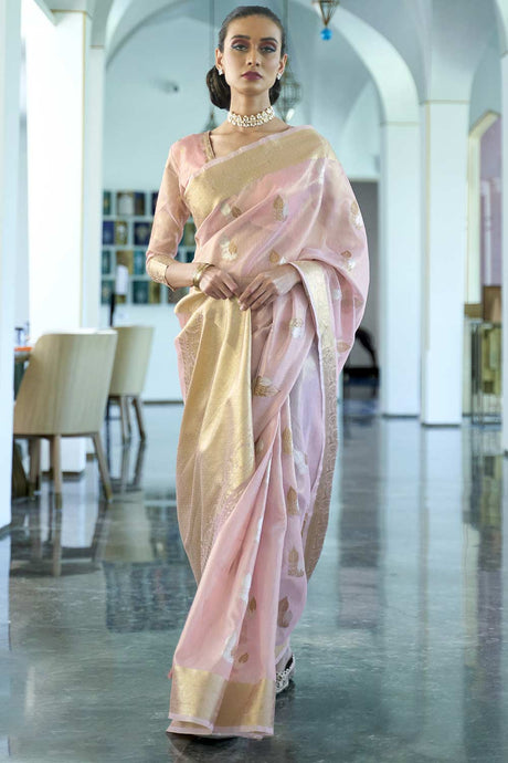 Pink Silk Blend Floral Woven Design Banarasi Saree