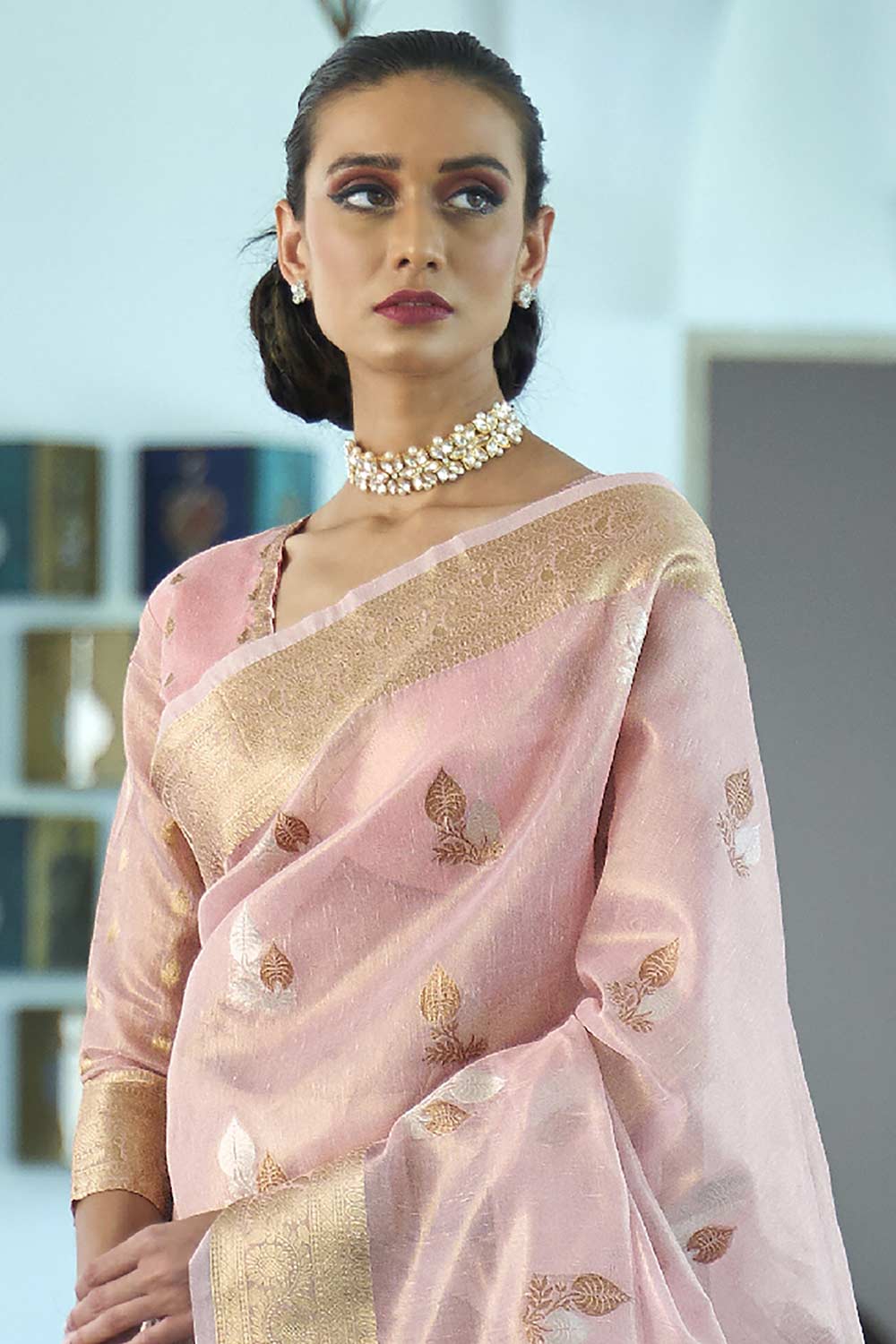 Pink Silk Blend Floral Woven Design Banarasi Saree