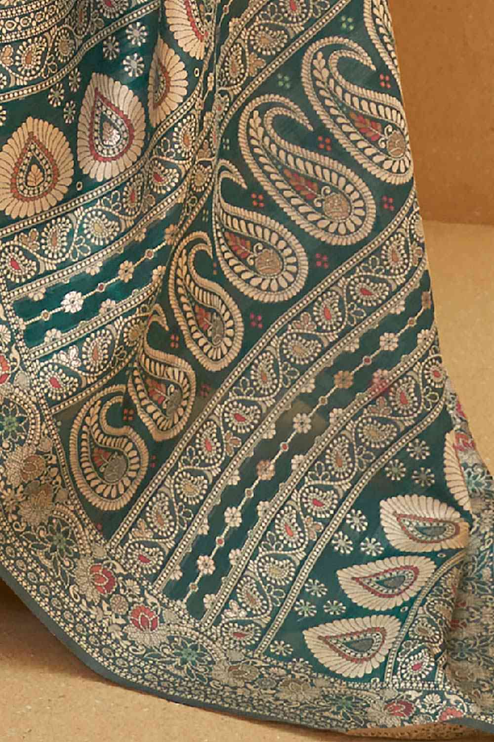 Buy Teal blue Art Silk Ethnic Motif Design Saree Online - Side