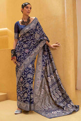 Buy Navy Blue Art Silk Ethnic Motif Design Saree Online