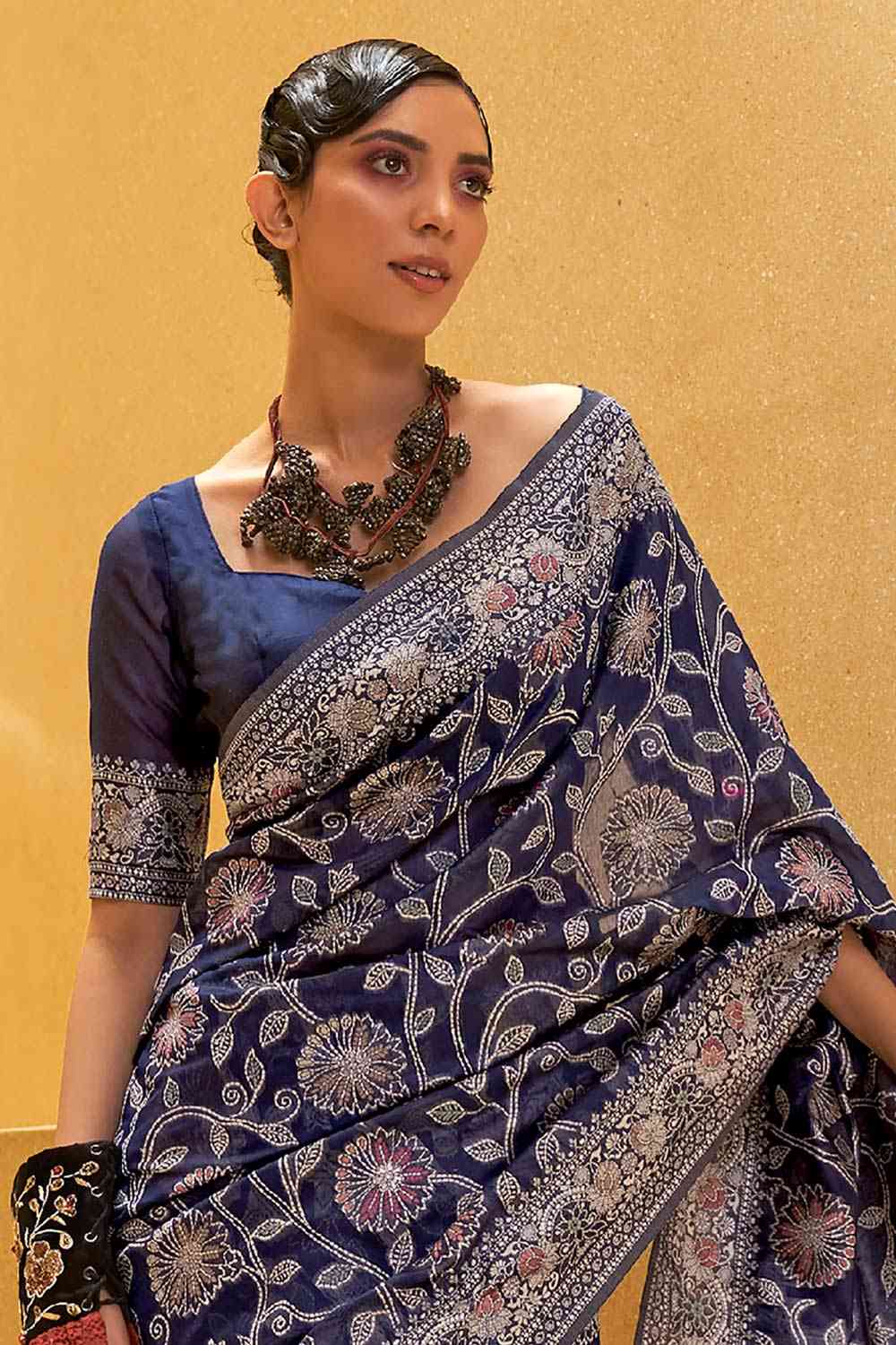 Buy Navy Blue Art Silk Ethnic Motif Design Saree Online - Front