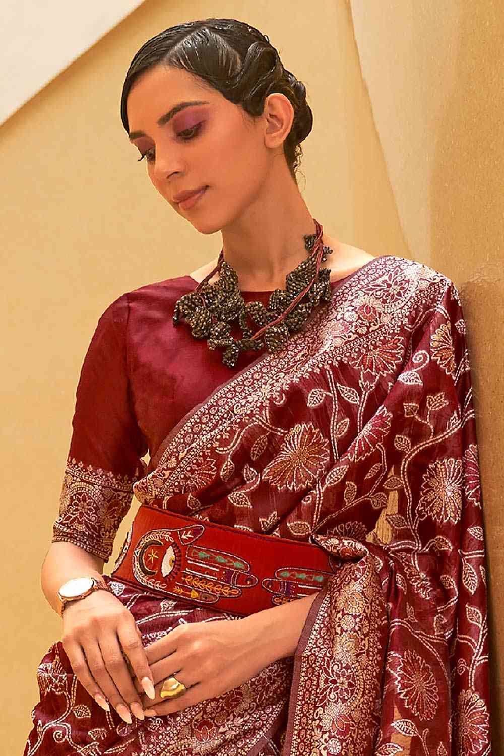 Buy Maroon Art Silk Ethnic Motif Design Saree Online - Front