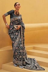 Buy Charcoal Grey Art Silk Ethnic Motif Design Saree Online