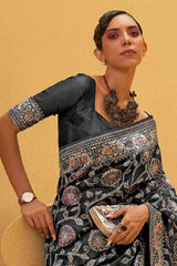 Buy Charcoal Grey Art Silk Ethnic Motif Design Saree Online - Front