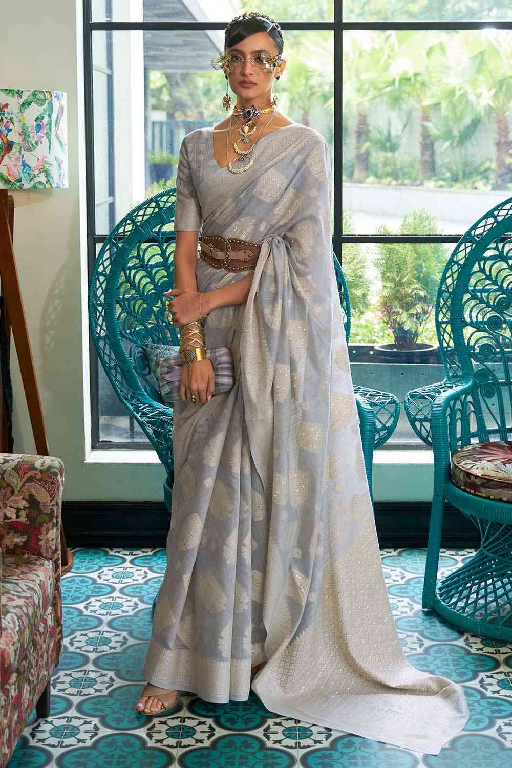 Grey Silk Blend Bagh Chikankari Muga Saree