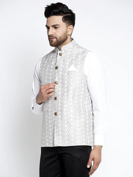 Men's Grey Silk Embroidered Nehru Jacket