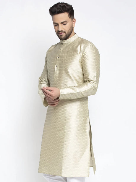 Men's Beige Jacqaurd Geometric Kurta Top