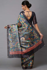 Cotton Linen Kalamkari Saree In Grey