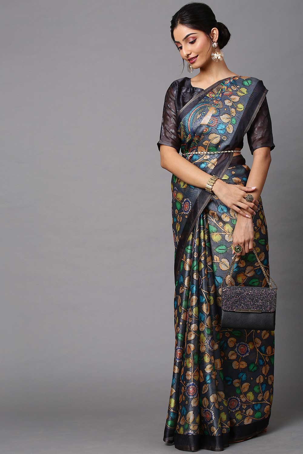 Cotton Linen Kalamkari Saree In Grey