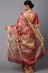 Cotton Linen Floral Saree In Maroon