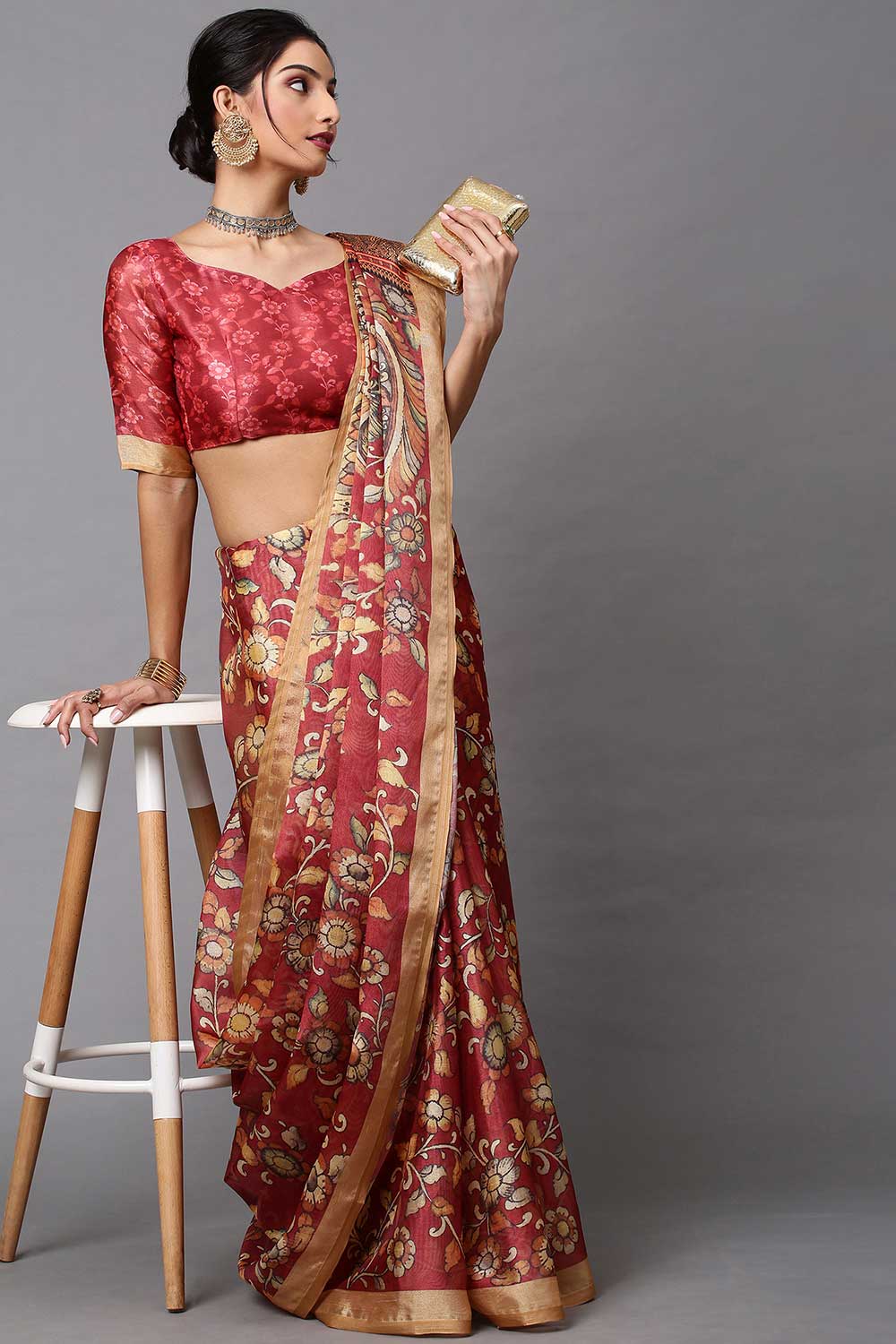 Cotton Linen Floral Saree In Maroon