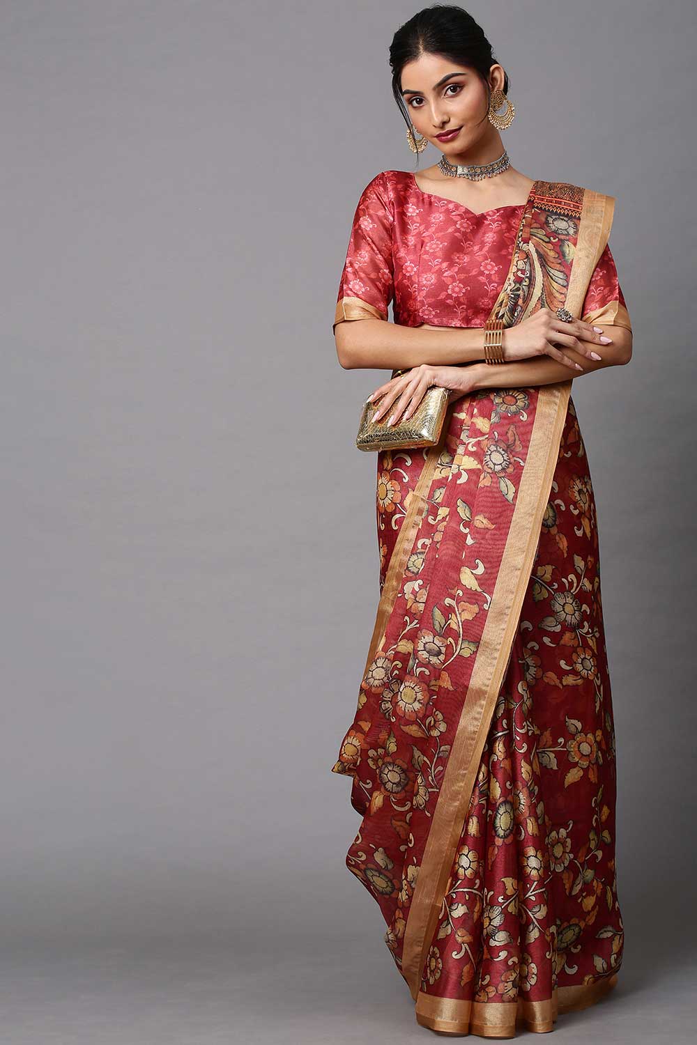 Cotton Linen Floral Saree In Maroon