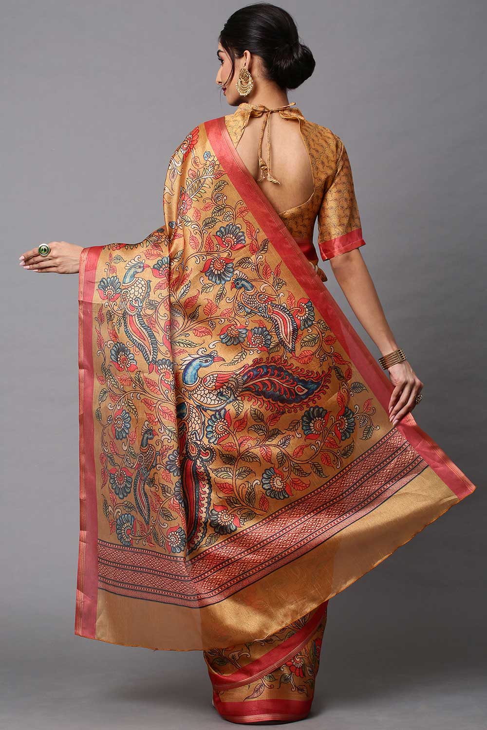 Cotton Linen Kalamkari Saree In Beige