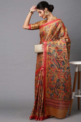 Cotton Linen Kalamkari Saree In Beige