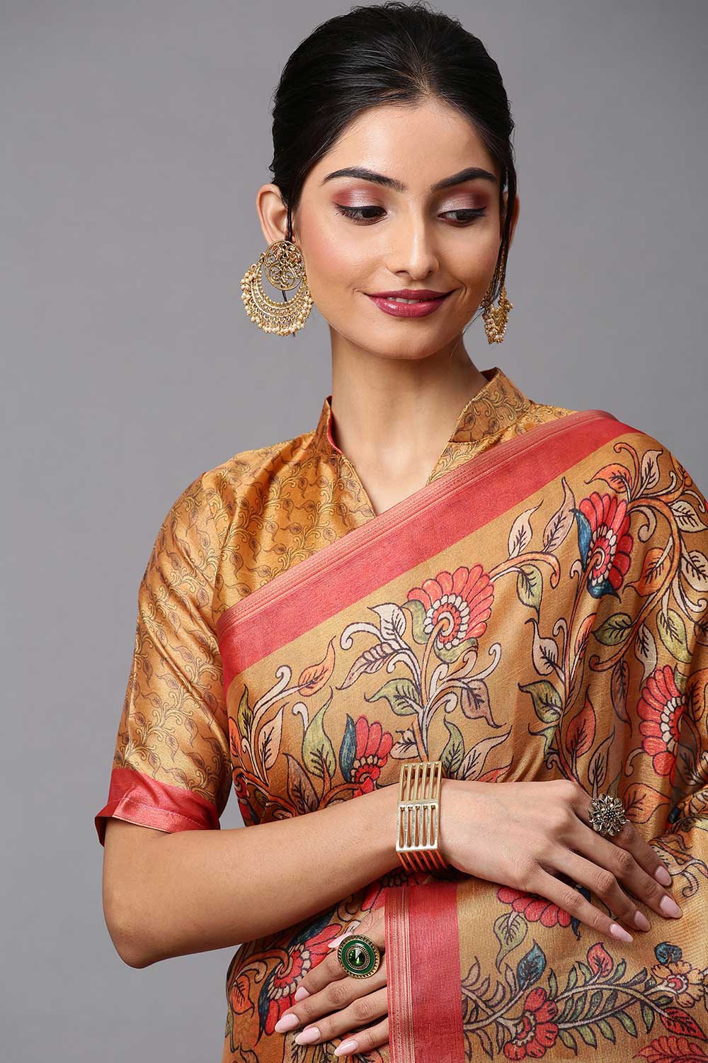 Cotton Linen Kalamkari Saree In Beige