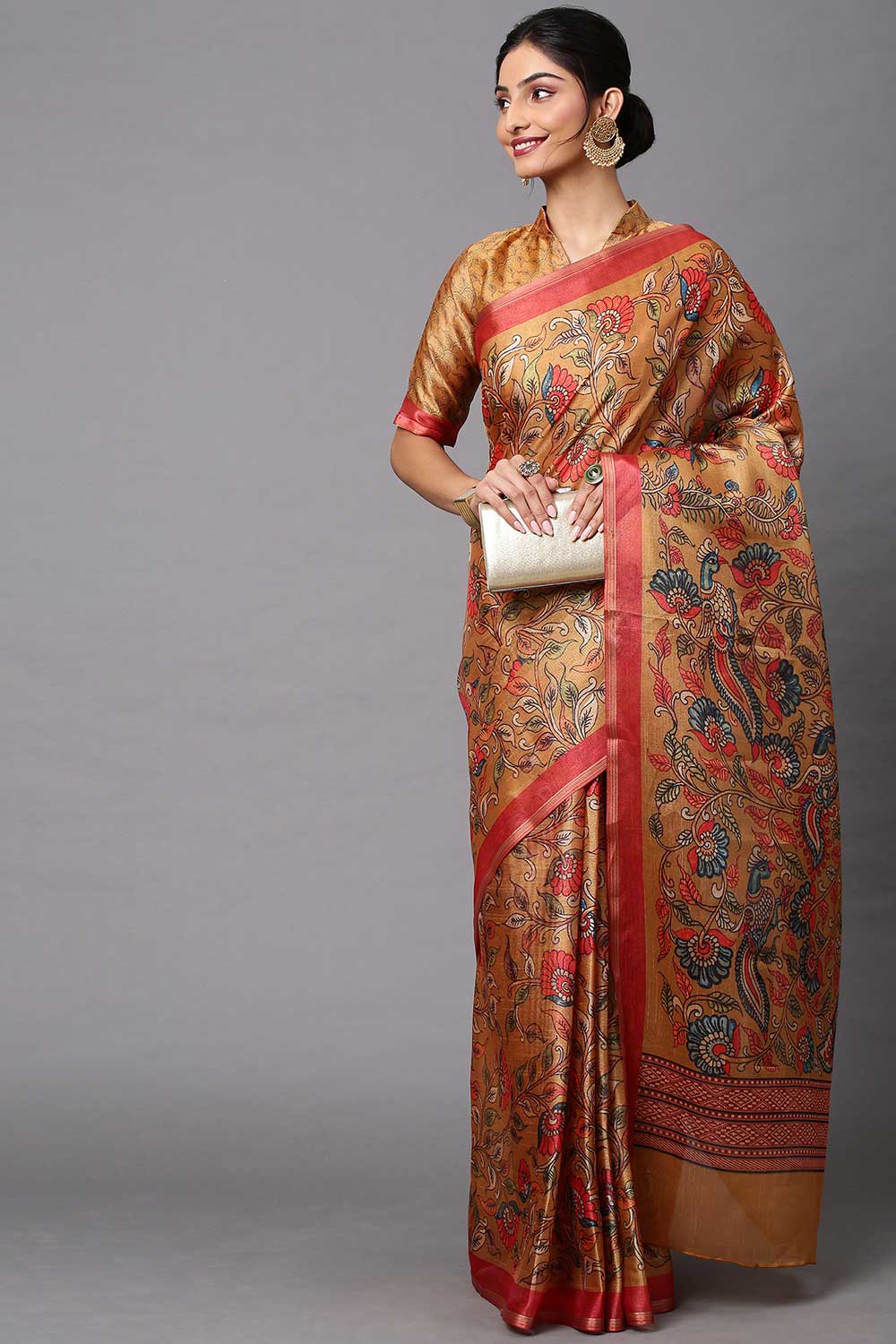 Cotton Linen Kalamkari Saree In Beige