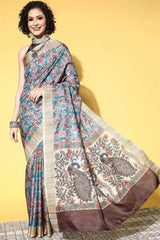 Grey Manipuri Silk Kalamkari Printed Saree